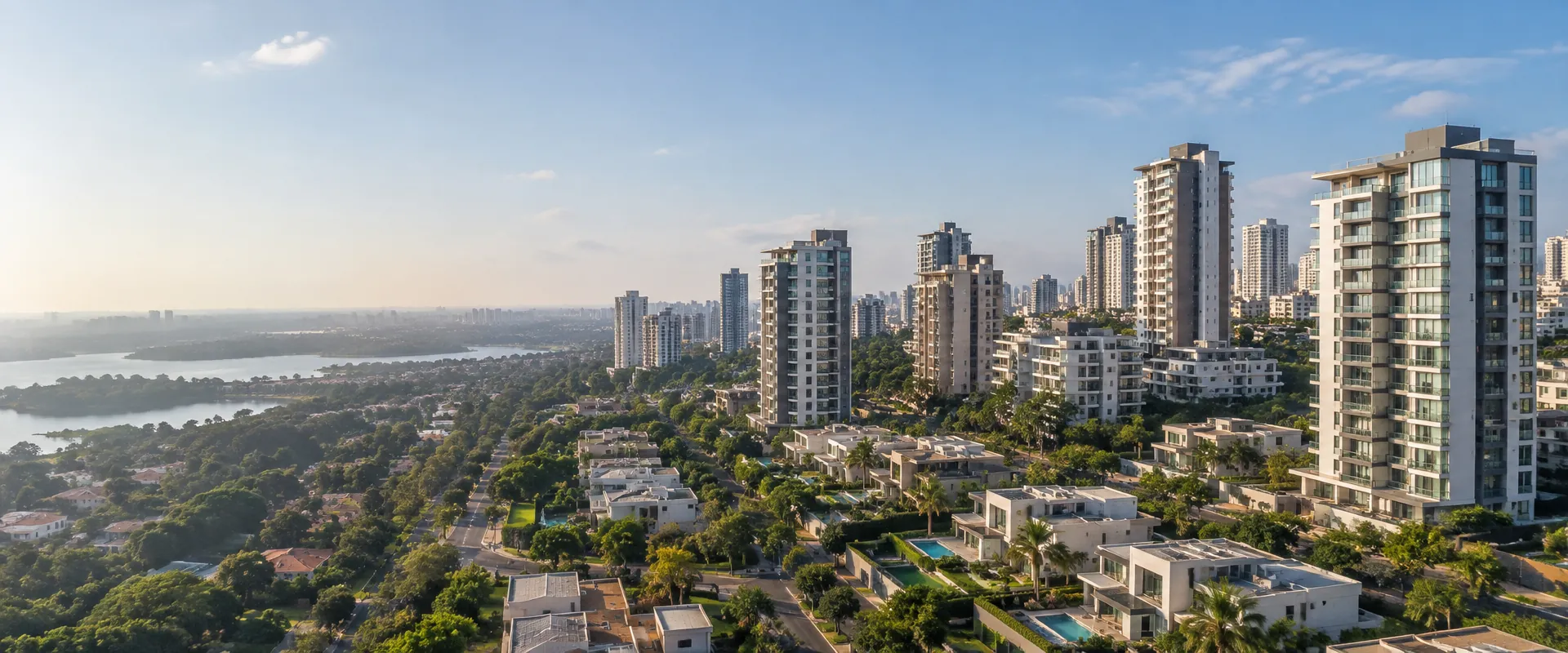 Vista aérea de uma cidade brasileira com torres residenciais, condomínios e casas: o universo de ativos imobiliários que a Resale coloca à venda